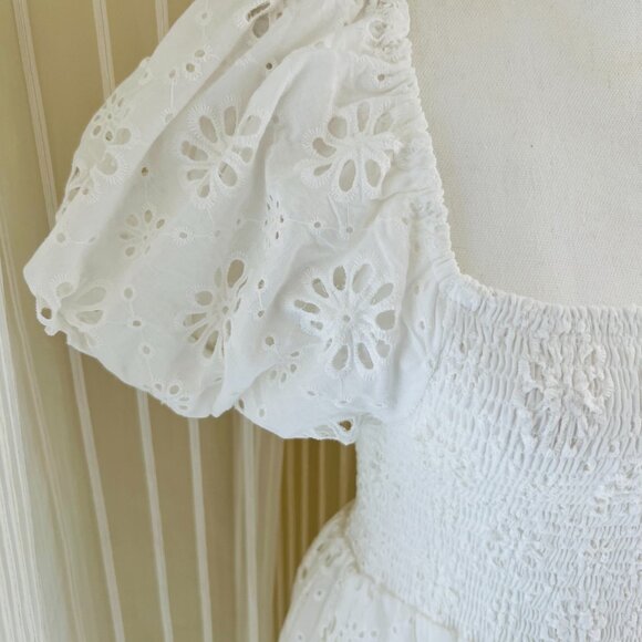 Women White Embroidery Hollow Out Hole Flower Short Puff Sleeve Mini Dress - Picture 11 of 16